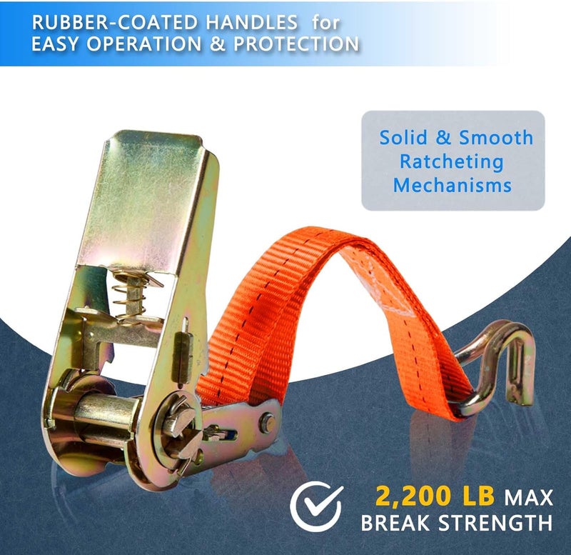 Sweecomb Ratchet Straps (4-Pack), 1 Inch x 16.4 Feet (2200lb Break Strength) with Sturdy Metal Hooks, 1x Work Gloves, Heavy Duty Tie Down Straps for Truck, Cargo Trailer, Motorcycle, Luggage, Moving (Orange) - Image 3
